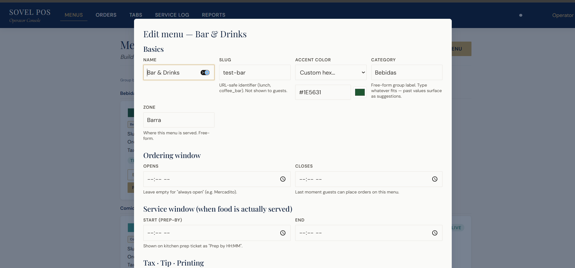 SOVEL POS operator menu editor