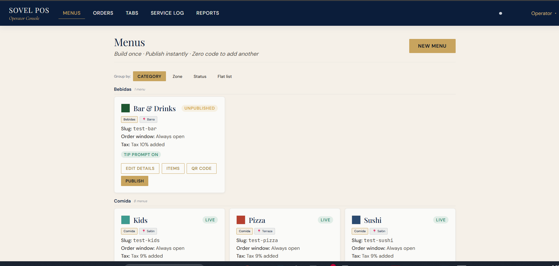 SOVEL POS operator menu console