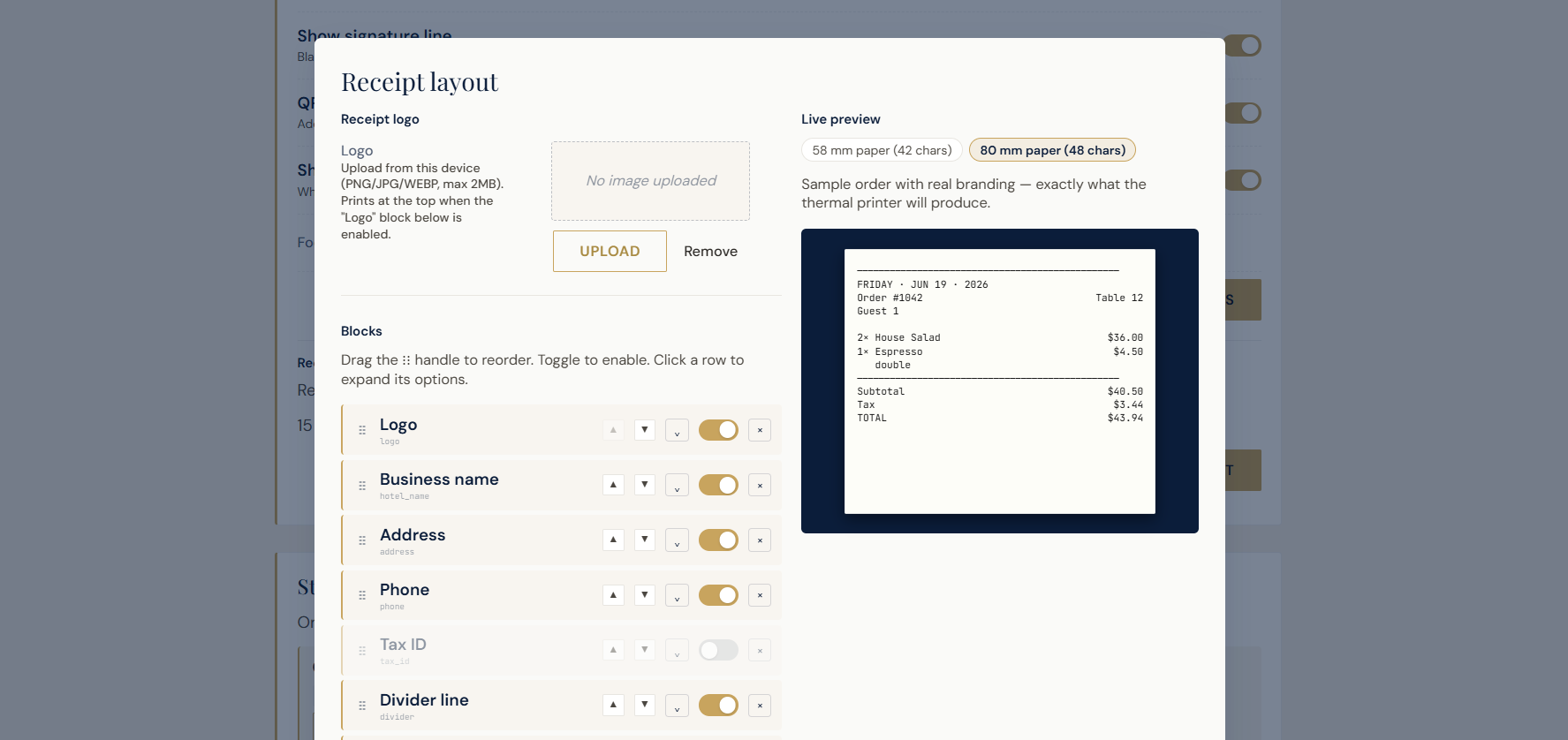 Receipt layout builder and thermal receipt preview